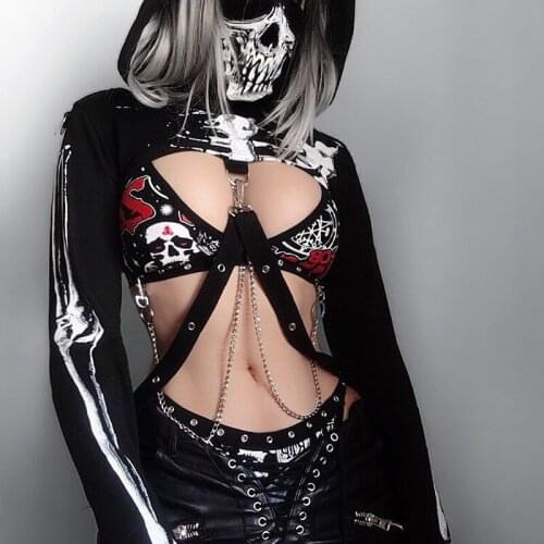 Women Hoodie Gothic Punk Sexy Hoolow Out Strapped Skeleton Print Mask Fashion Streetwear Female Black Hooded Cropped Top