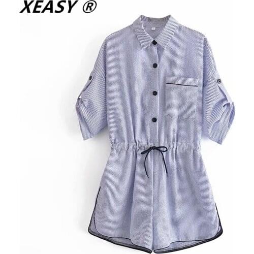 XEASY Za Woman Blue Striped Short Jumpsuit Summer Short Sleeve Female Jumpsuit Ruched Elastic Waist Casual Combishort Romper