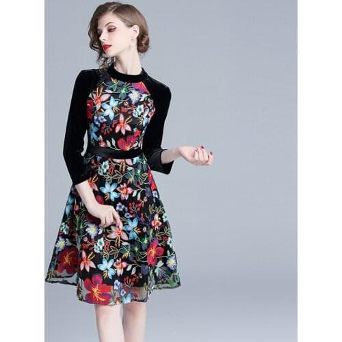2021 Autumn Winter Runway Desigher Dress Velvet Patchwork Floral Embroidery Dresses Women Vintage Elegant Party Dresses