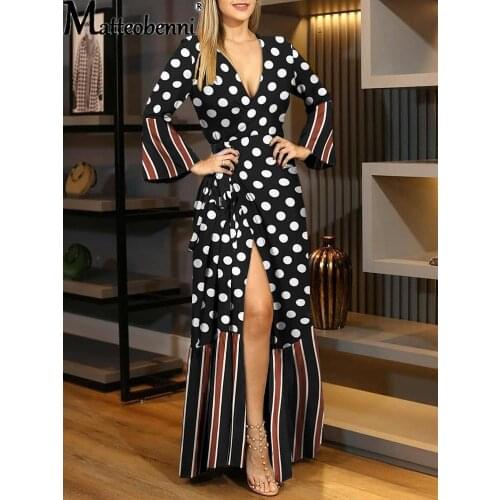 Women Autumn Elegant Dot Floral Print Split Maxi Dress Sexy Deep V Neck Ruffles Lace Up Wrap Party Long Dress Robe Femme Dresses