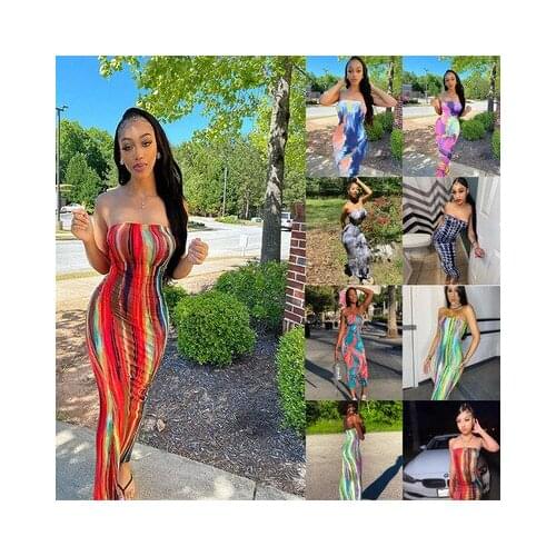 Ladies' Summer colorful tie-dye off-the-shoulder strapless dress