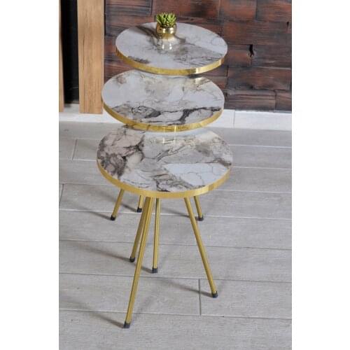 Marble Pattern Zigon Coffee Table 3 Pcs Gold Metal Toe