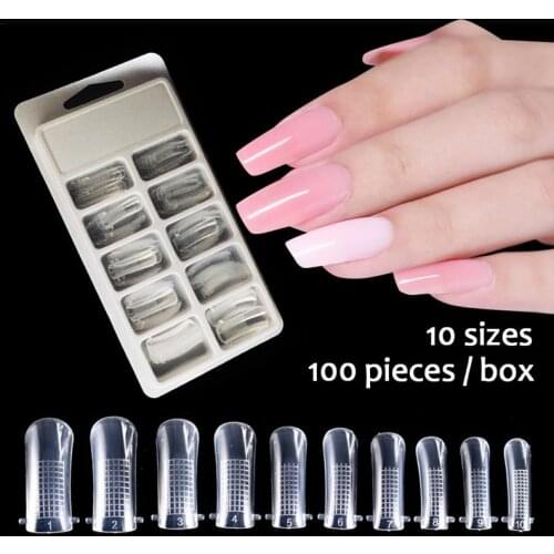 100PCS/Box Mix Size Crystal Nails Fake Nails Finger Extension Dual Form UV Gel Acrylic Nail Mold Artificial Nail Tip With Scale