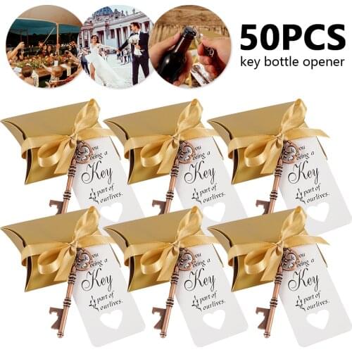 50pcs Metal Key Beer Bottle Opener Wine Keychain Wedding Party Favors Vintage Kitchen Accessories Antique Gifts for Guests