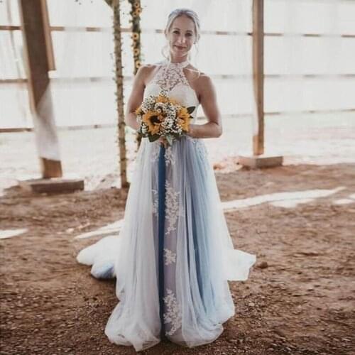 White And Blue Tulle Bohemian Beach Wedding Dresses Modest Halter Neck Backless Long Romantic Bridal Gowns For Garden Country