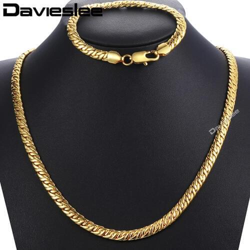 Davieslee 7mm Necklaces Bracelets Set for Men Women Yellow Gold Filled Rombo Herringbone Chain Gift Fashion Jewelry Set DLGS283