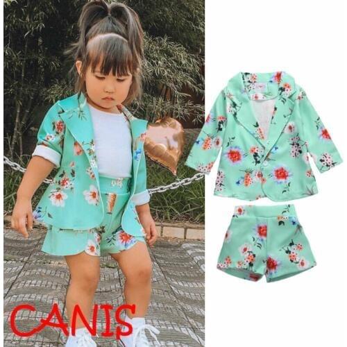 Childrens Girls Floral Coat + Shorts Two-piece Suit Turn Down Collar Clothes Print Full Sleeve Kids Suit Clothes Sets 1-5 Years