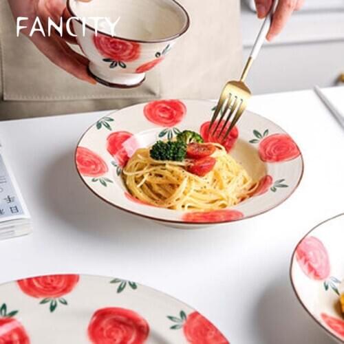 FANCITY Rose Flower Plate Dinner Plate Home Creative Steak Western Food Plate Fish Plate Ceramic Breakfast Salad Plate Net Red