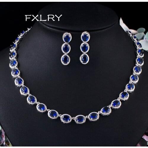 FXLRY Luxury White Gold Color Round Cubic Zircon Crystal Big Necklace and Earrings Jewelry Sets for Women Wedding
