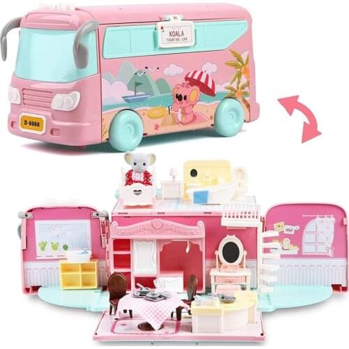 1:12 Forest Animal Family Dollhouse Bus DIY Pretend Portable Caravan Camper Bus Toys Kit Bunny Koala Pretend Play Toy For Girls