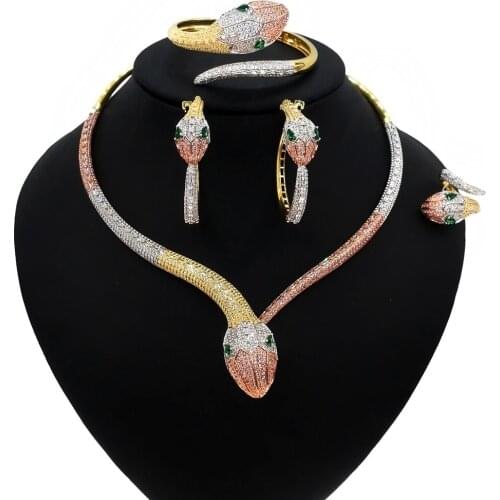Yulaili High Quality Full Cubic Zirconia Snake Shape Choker Necklace Stud Earrings Bangle Ring For Women Jewelry Sets Wholesale