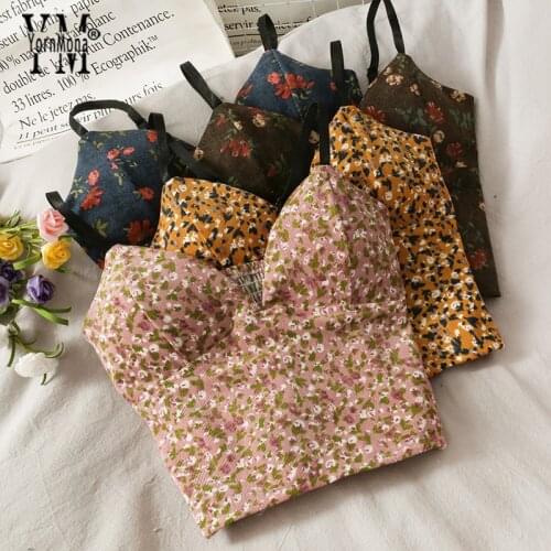 YornMona V Neck Sexy Backless Female Tanks Women Floral Print Party Camis 2021 New Korean Fashion Girl Corduroy Crop Tops