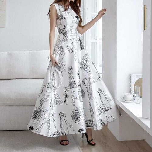 Fashion Summer Korean Vintage Sleeveless Maxi Party Dress Ladies Elegant Robe Casual O-Neck Print Hollow Backless Vacation Dress