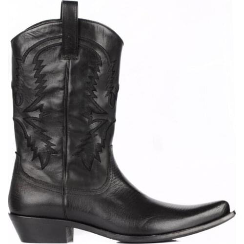 FootCourt- Black Mens Cowboy Boots Genuine Leather Pointed Toe Mid-Calf Western Boots Texas Boots Best Brand New model Handmade
