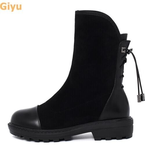 2020 new womens autumn boots Genuine Leather Flat Martin boots Mid-Calf boot black Plus size Stretch Fabric Chelsea boots 35-43