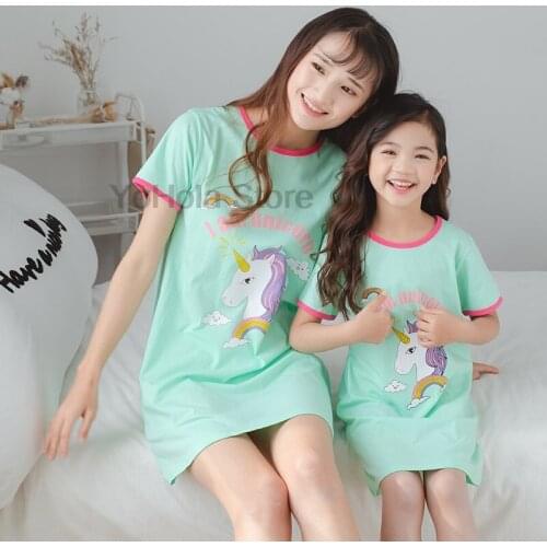 Newborn Baby Girl Family Matching Clothes Mom and Daughter Dress Catoon Unicorn Nightdress Cotton Pajamas Summer Outfits