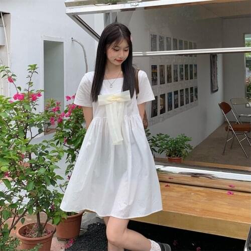 Dress French Bow Short-sleeved Dress Female Summer New Style Skirt Korean Version Loose and Thin A-line Skirt