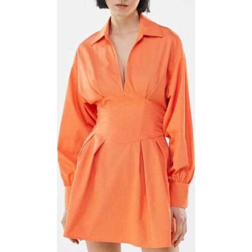 Long Sleeve Shirt Dress 2021 Summer Dress Deep V Neck Beach Mini Dresses High Waisted Dresses Lace Up Hollow Out Dress Orange