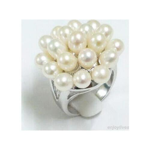 Black / white South sea real Pearl silver Crystl Ring Size: 7.8.9
