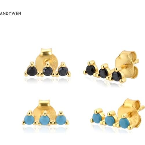 ANDYWEN 925 Sterling Silver Gold Black Three Line Zircon Stud Earring 2020 Rock Punk Fine Jewelry For Party Piercings