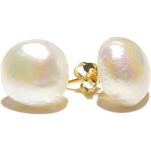 Lii Ji Baroque Pearl Stud Earrings 925 Sterling Silver Gold Color White Freshwater Pearl 12-13mm Earrings