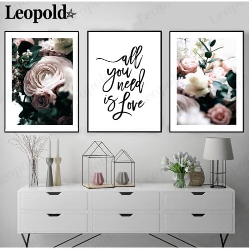 Modern Pink Peony Flower Canvas Painting Letters All You Need Is Love Poster Wall Art Nordic Living Room Home Decoration