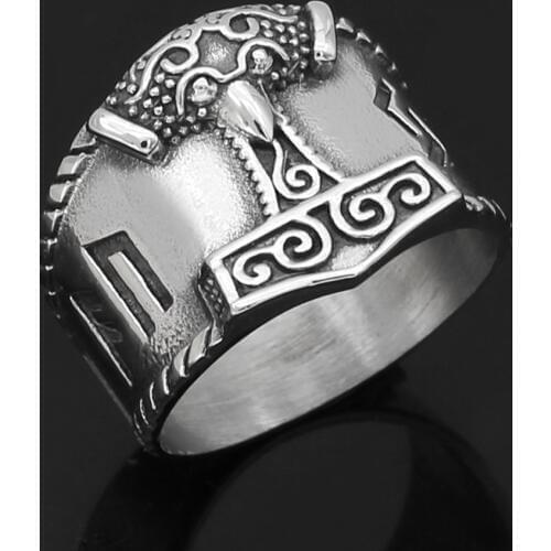 Viking Men Mjolnir Thor Hammer raven rune Stainless steel Ring With Valknut Gift Bag Nordic jewelry