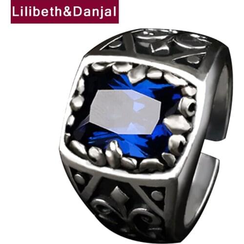 Vintage Big Stone Ring Pure 925 Sterling Silver Free Certificate Inlaid Blue Artificial Gems Jewelry Men Women 2021 Luxury R52