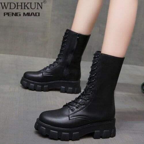 2021 Women Long Boots Mid Calf Autumn Winter Shoes Platform Lace Up PU Woman Fashion Plus Size Footwear Female Comfort Botas