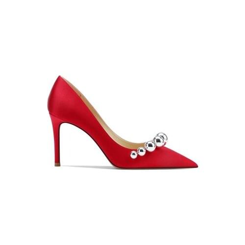New Women Pumps Pointed White Pearl High Heels 8cm Stiletto Red Bridal Wedding Beaded Party Shoes Stiletto