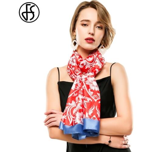 FS Luxury Brand Flower Printed Silk Scarf For Women Designer Shawl Yellow Red Long Head Wraps Pashmina Stole Muslim Hijab