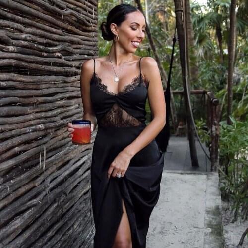 2021 Summer Fashion V-Neck Sundress Sexy Hollow Out Spaghetti Strap Satin Maxi Long Dresses For Women Backless High Waist Outfit
