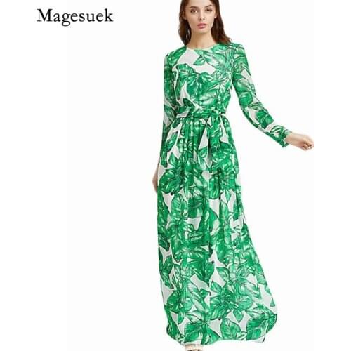 New Spring Summer Dress Women Elegant Green Dress Women Long Sleeve Loose Leaf Print Maxi Ladies Dresses With Belt Vestido 12445