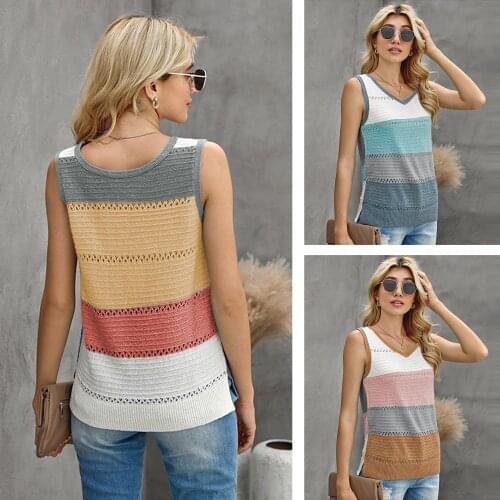 Summer Knit V Neck Vest Women Sexy Hollow Color Block Striped Tank Tops Loose Casual Retro Fashion Patchwork Sleeveless Shirts
