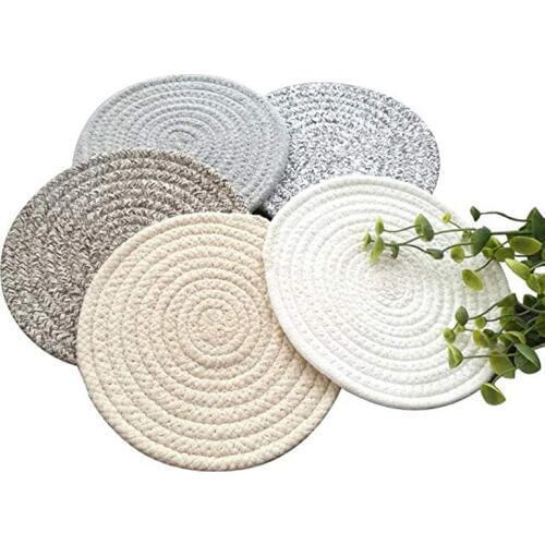 5pcs/set Mixed color Round Cotton Braided Table Place Mats Coaster Non-Slip Table Mats Cups Dining Kitchen Washable,home decor