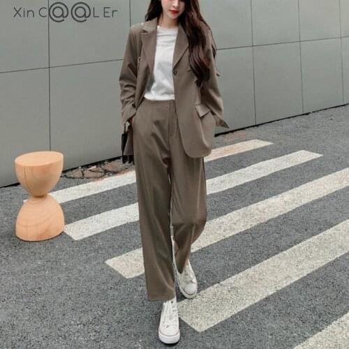 2 Pieces High Quality New Notch Collar Single-button Women Slim Ol Blazer High Waist Pockets Straight Suit Pants Business Suits