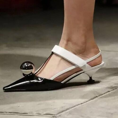 Summer Bling Plated Ball Ankle Strap Sandals Strange Cup Med Heels Mixed Colors Leather Magic Tap Pointed Toe Sandalias Shoes