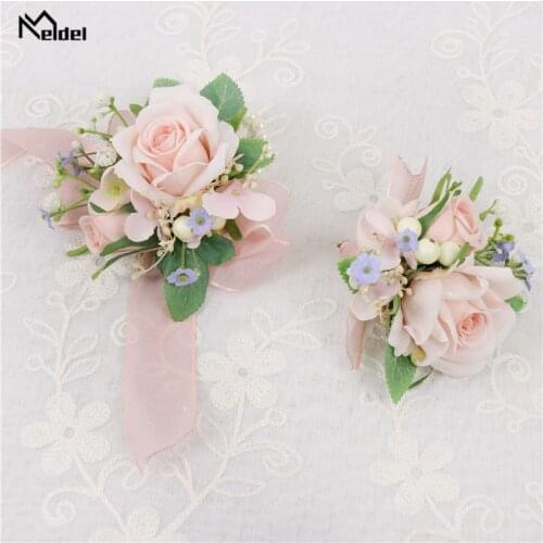 Meldel Artificial Silk Flowers Bridal Wrist Corsage Bracelet Groom Boutonniere Man Buttonholes Wedding Flowers Party Decoration