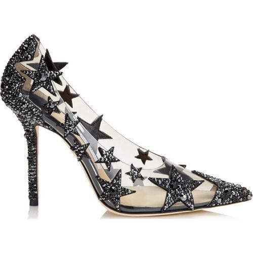 Carole Levy 2019 Beautiful Five-pointed Star Crytal High Heel Shoes Woman Sexy Pointed Toe Wedding Shoes PVC Stiletto Heels