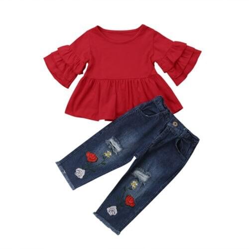 Toddler Kid Baby Girl Ruffles Sleeve T-shirt Tops+Flare Denim Jeans Pants Hole Outfits Set Clothes