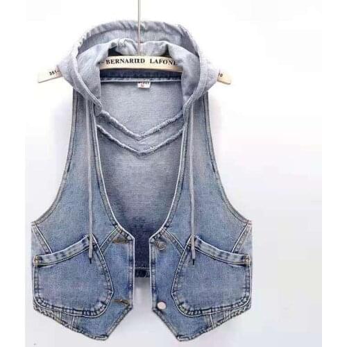 Sleeveless Jeans Jacket Women Korean Fashion Hooded Vests Jean Short Waistcoat Large Size Cotton Denim Vest Female