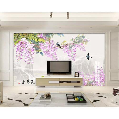 Beibehang Custom photo wallpaper abstract smoke hand painted wisteria flowers and birds mural 3d wallpaper tapety papel tapiz