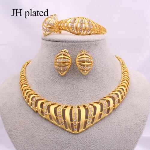 Dubai gold color Jewelry sets African wedding Party gifts for Women Necklace Bracelet earrings ring set Ethiopia bridal collares