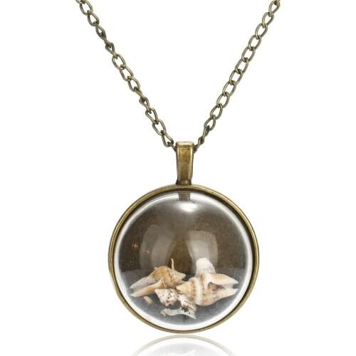 Summer Sea Beach Starfish Shells Conch Pendant Necklace Round Glass Alloy Chain Charming Unique Jewelry Birthday Gifts For Women