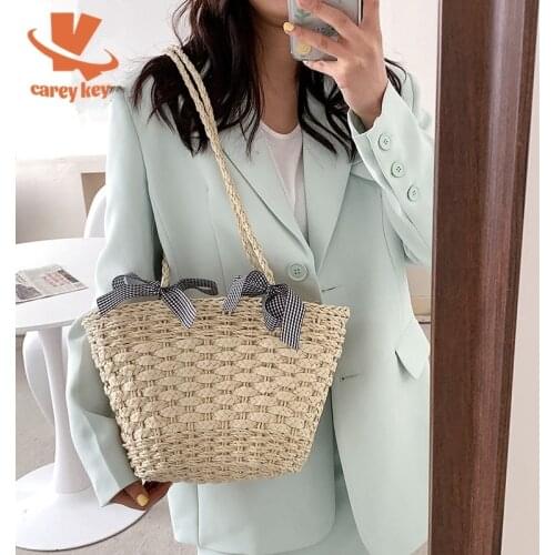 CAREY KEY Fashion Straw Bag Women Handbags Rattan Shoulder Bag Summer New Beach Ribbon Large Capacity Tote Big Baskets Purses