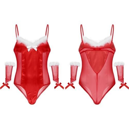 Mens Mesh Transparent Bodysuit Sexy Lingerie Leotard Catsuit Christmas New Year Cosplay Costumes Feather Trimming Jumpsuits