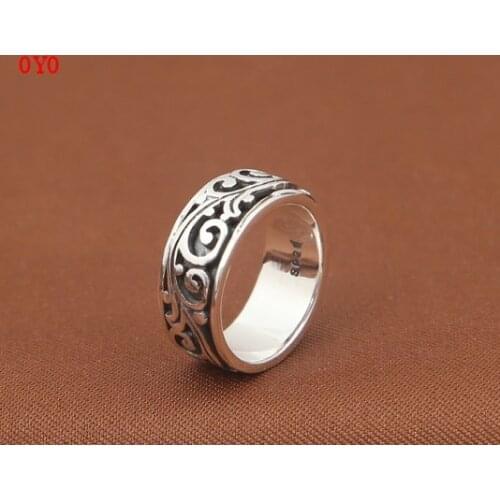 100%S925 Sterling Silver Jewelry Mens and Womens Retro Thai Silver Vine Flower Rotating Ring