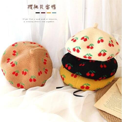 FOCUSNORM Autumn Winter Kids Girls Beret Cap 5 Colors Cherry Embroidery Woolen Hat Beanie Turban Hat