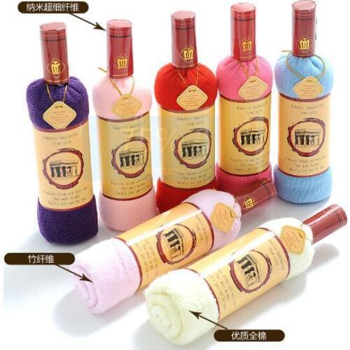 10 pieces 100% Cotton Valentines Gift Set Towel Red Wine Bottle Shape Design Towel Opp Packing