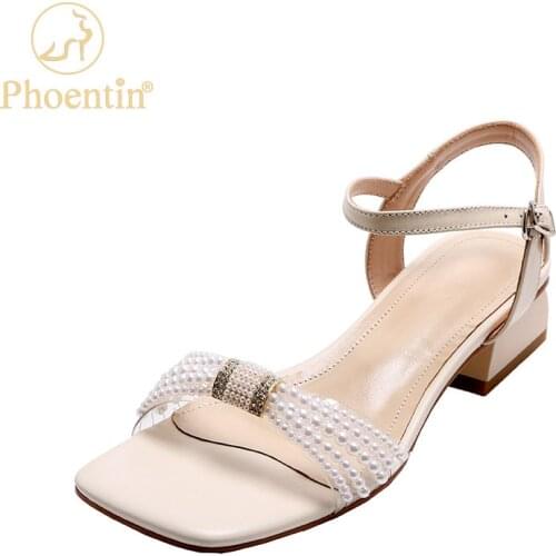 Phoentin Summer Pearl beaded sandals womens new 3cm mid heel sandals Genuine Leather elegant Party shoes big size 34-43 FT1617